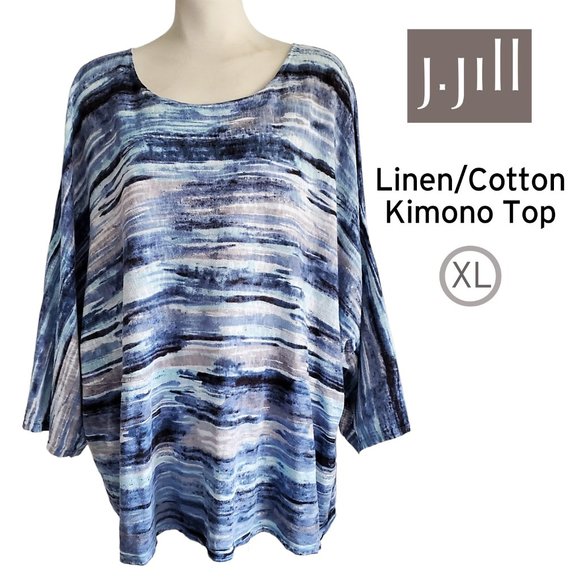 J. Jill Tops - J. Jill Kimono Cotton/Linen Top Striped Abstract Pattern Blue Hues Size XL